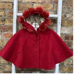 Monsoon Red Hooded Cape with Pom Poms